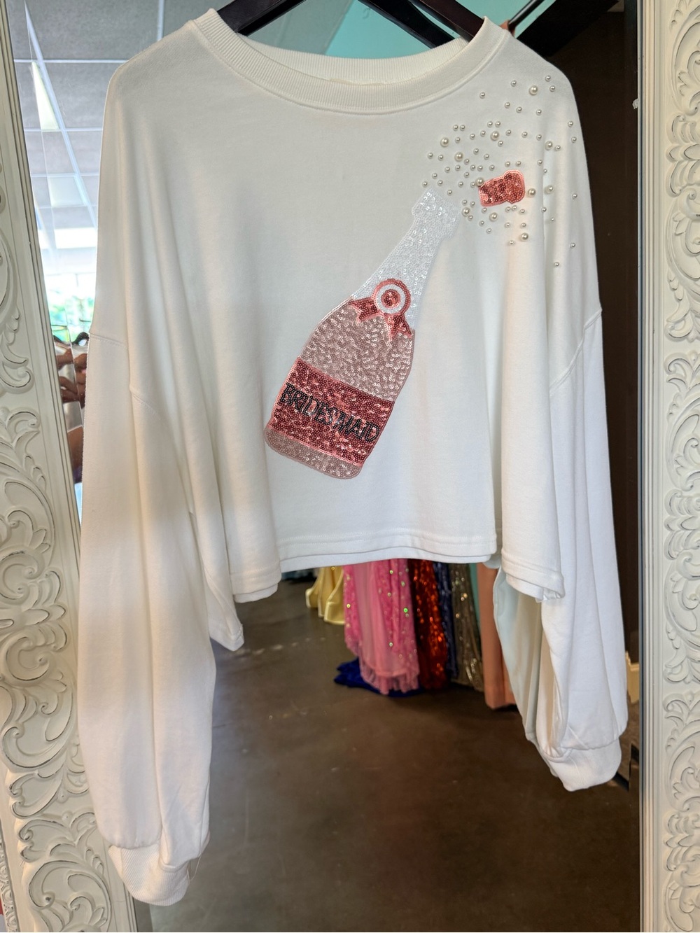 White Cropped Bridesmaid Sweatshirt Pink Sequin & Pearl Champagne Bottle
